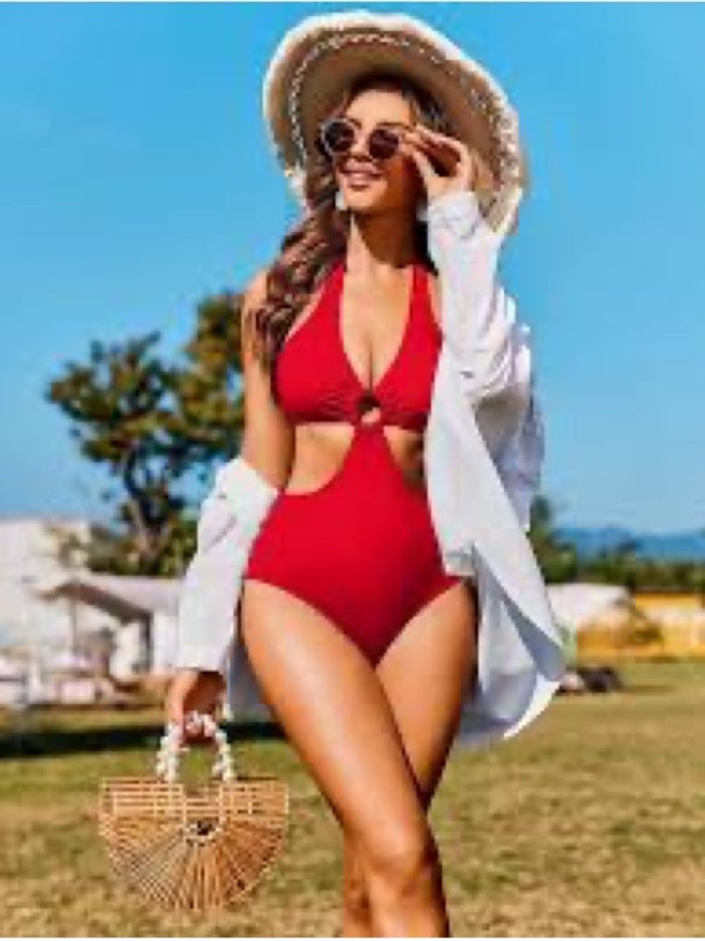 Red Cutout One-Piece Swimsuit with Ring Detail
